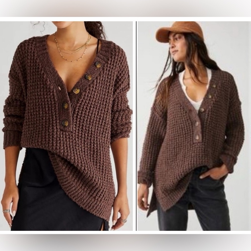 Free People NWT Whistle Thermal Henley Chunky
Knit Brown Pullover Size Small